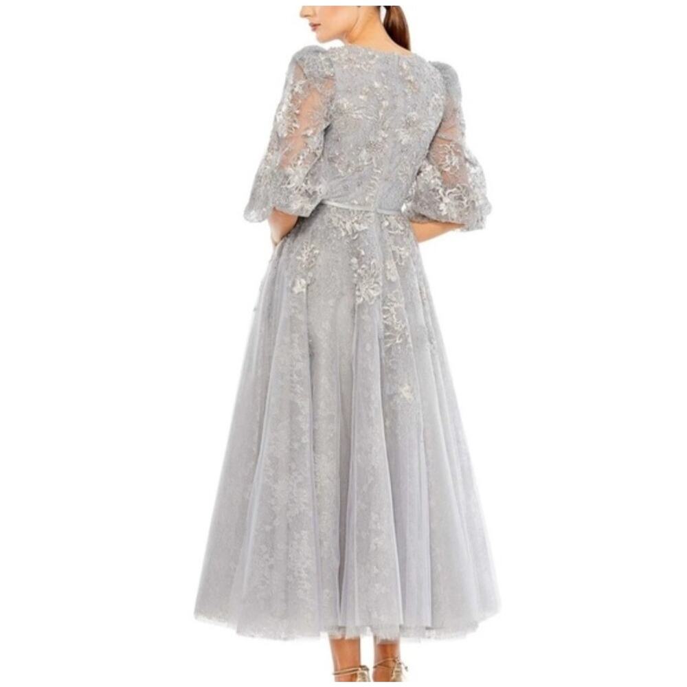 MAC DUGGAL Dress NEW 12 Silver Gray Beaded Tulle Midi Tea‎ Puff Sleeve Event - Picture 10 of 10
